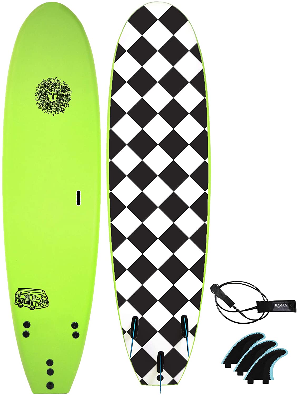 KONA SURF CO. Malibu Beginners Surfboard for Adults and Kids - Soft Board Foam Top Surfboard Foamie for Beach of Softboards - Includes Removable Fins and Leash